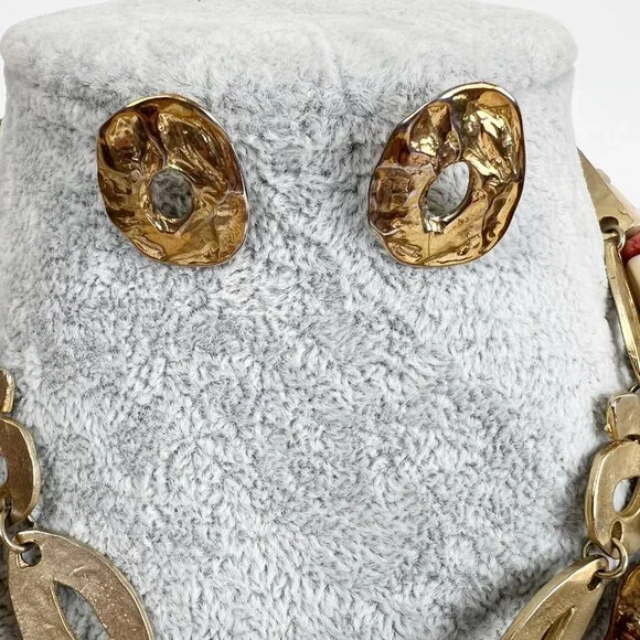 Vintage Japanese Stoneware Beaded Chunky Necklace Set Earrings Gold Stone Japan - Picture 3 of 6